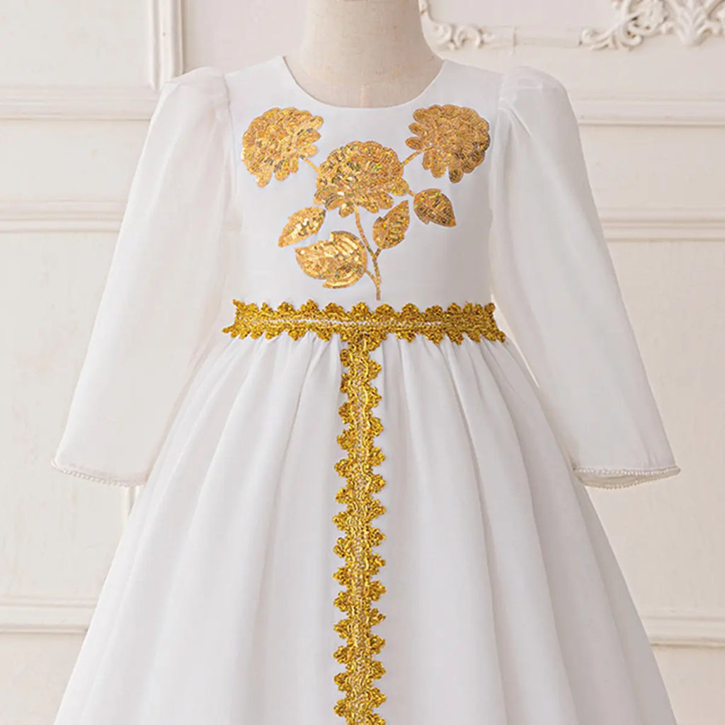 Girls White Long Sleeves Maxi Dress With Floral Embroidery Casual Dresses
