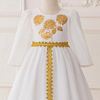 Girls White Long Sleeves Maxi Dress With Floral Embroidery Casual Dresses