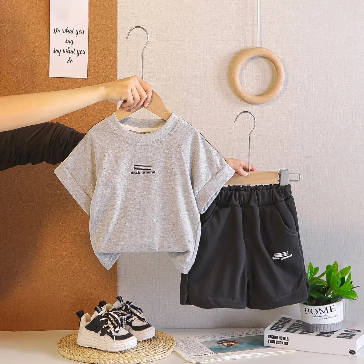 Boys Grey Typographic Print T-shirt With Shorts Set Sets Grey 1-2 Y