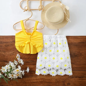 Girls Yellow Crop Top With Floral Daisy Pattern Lace A-line Skirt Sets Sets Yellow 3-4 Y