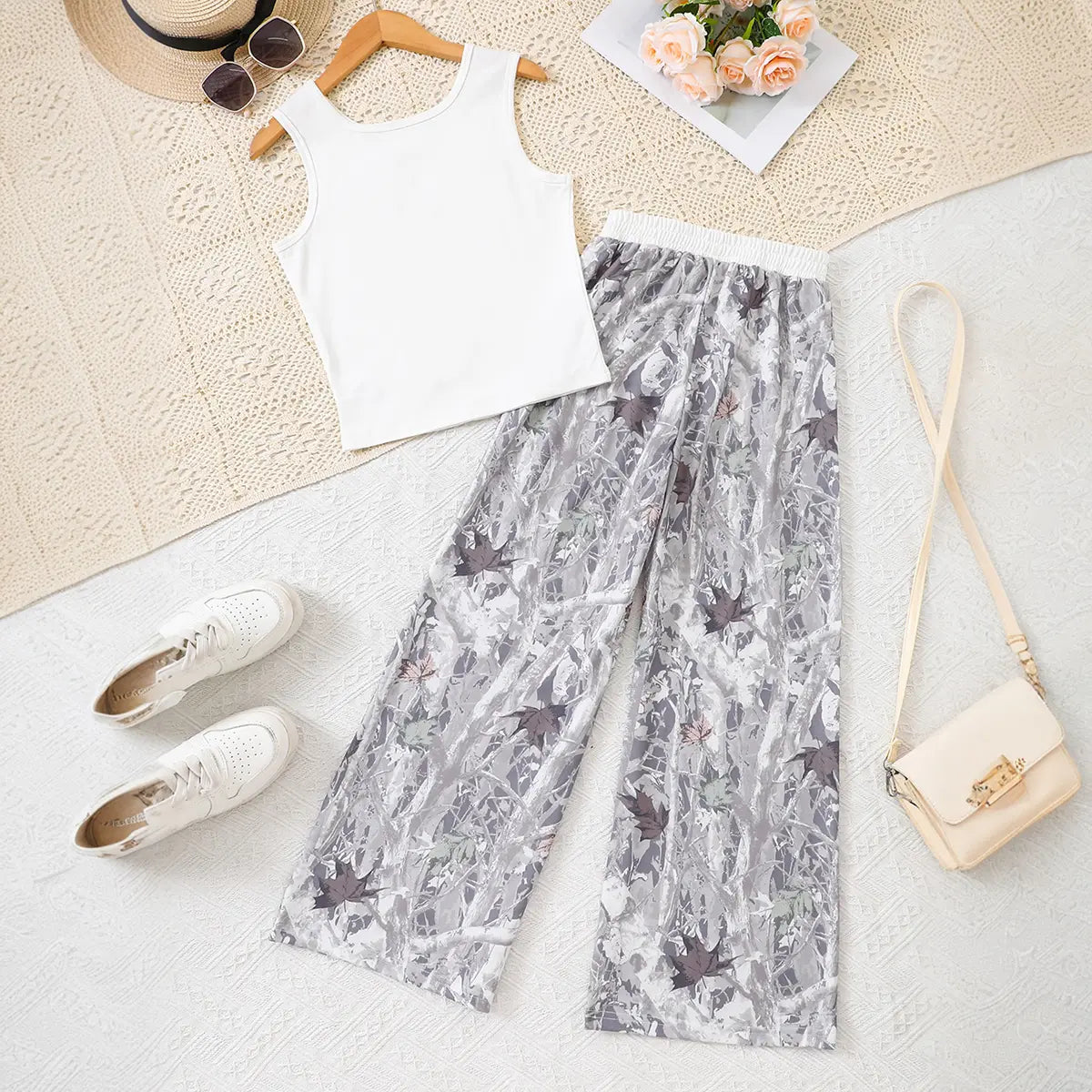 Girls White Sleeveless Tank Top with Leaf Printed Wide Leg Pants Sets Sets