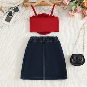 Girls Burgundy 3D Flower Applique Crop Top With Denim Skirts Set Sets