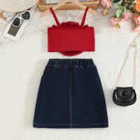 Girls Burgundy 3D Flower Applique Crop Top With Denim Skirts Set Sets