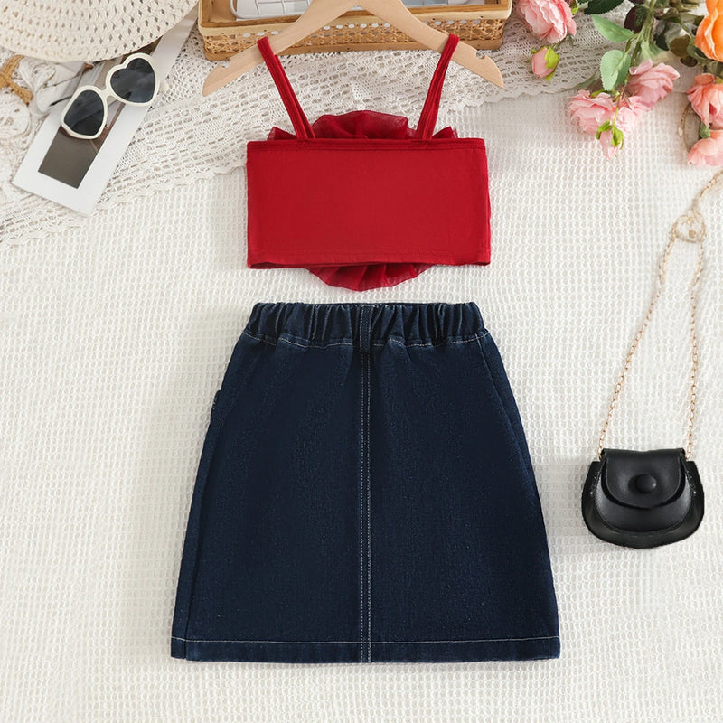 Girls Burgundy 3D Flower Applique Crop Top With Denim Skirts Set Sets