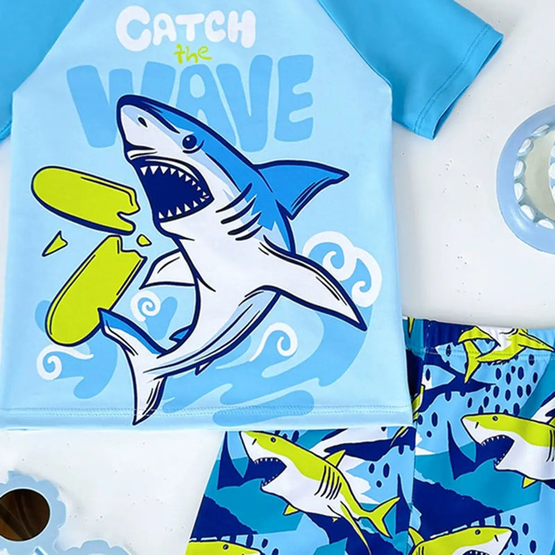 Boys Light Blue Shark Printed Short Sleeves T-Shirt & Shorts Swimsuit Sets Sets