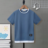 Boys Blue Solid Short Sleeves Bottom Contrast Trimmed T-Shirt Tshirts Blue 7-8 Y