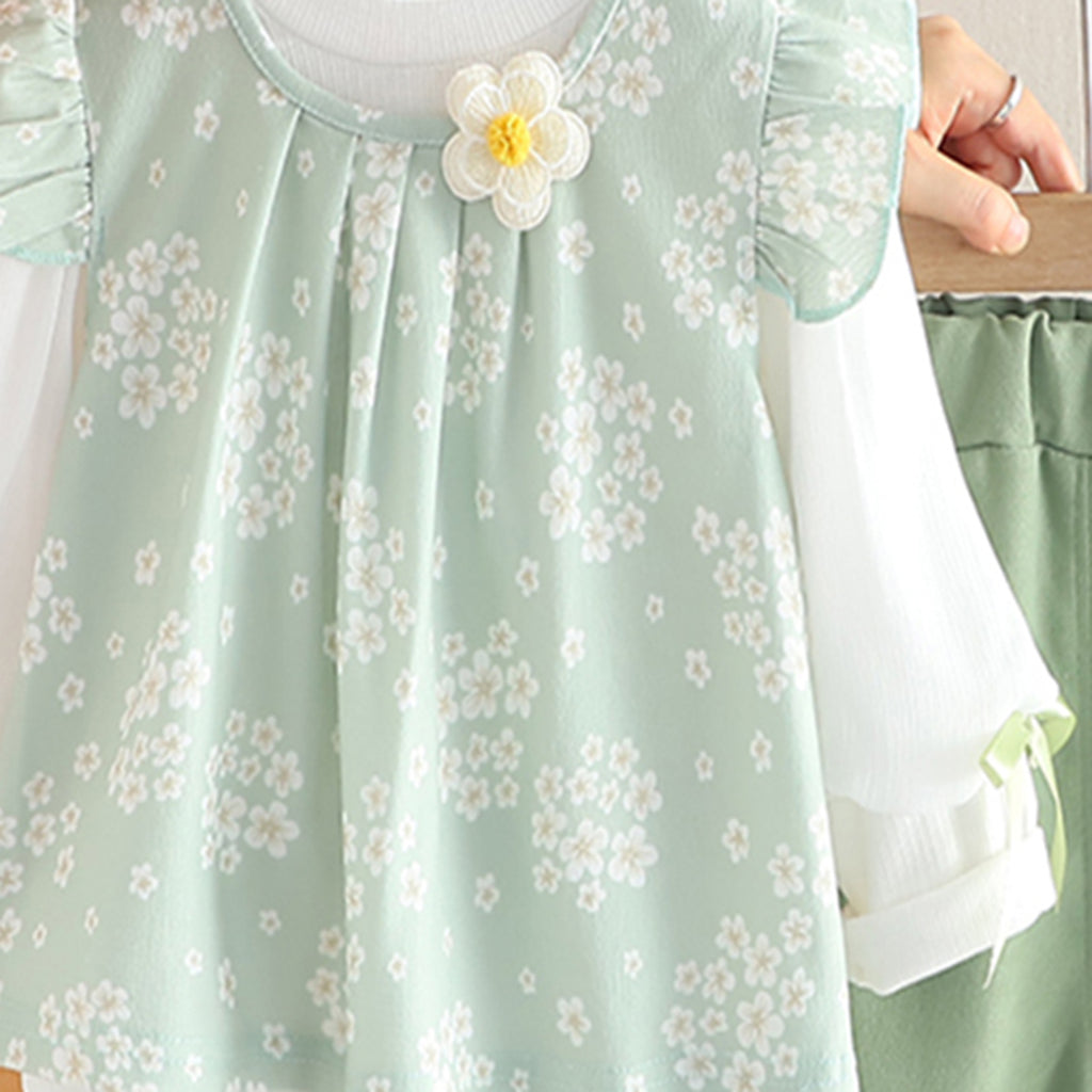 Girls Green Floral Printed Tunic With T-Shirt & Pants Set Sets