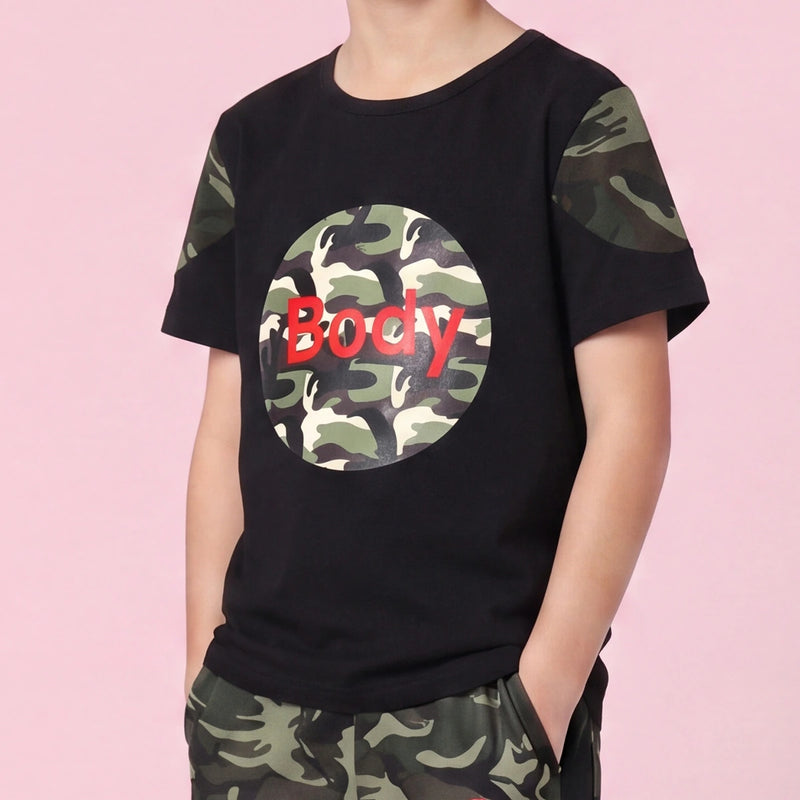 Boys Black Camouflage Print Short Sleeve T-Shirt With Pants Sets 2 pc. Sets
