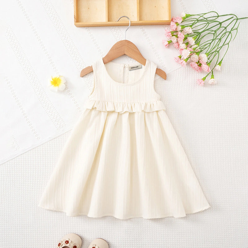 Girls Off White Self Stripes Sleeveless Fit & Flare Dress Casual Dresses Off White 1-2 Y
