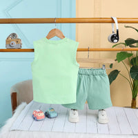 Boys Light Green Surf Printed Vest With Drawstring Shorts Sets Sets