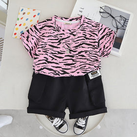 Boys Pink Abstract Printed Short Sleeves T-Shirt With Shorts Set 2 pc. Sets Pink 1-2 Y