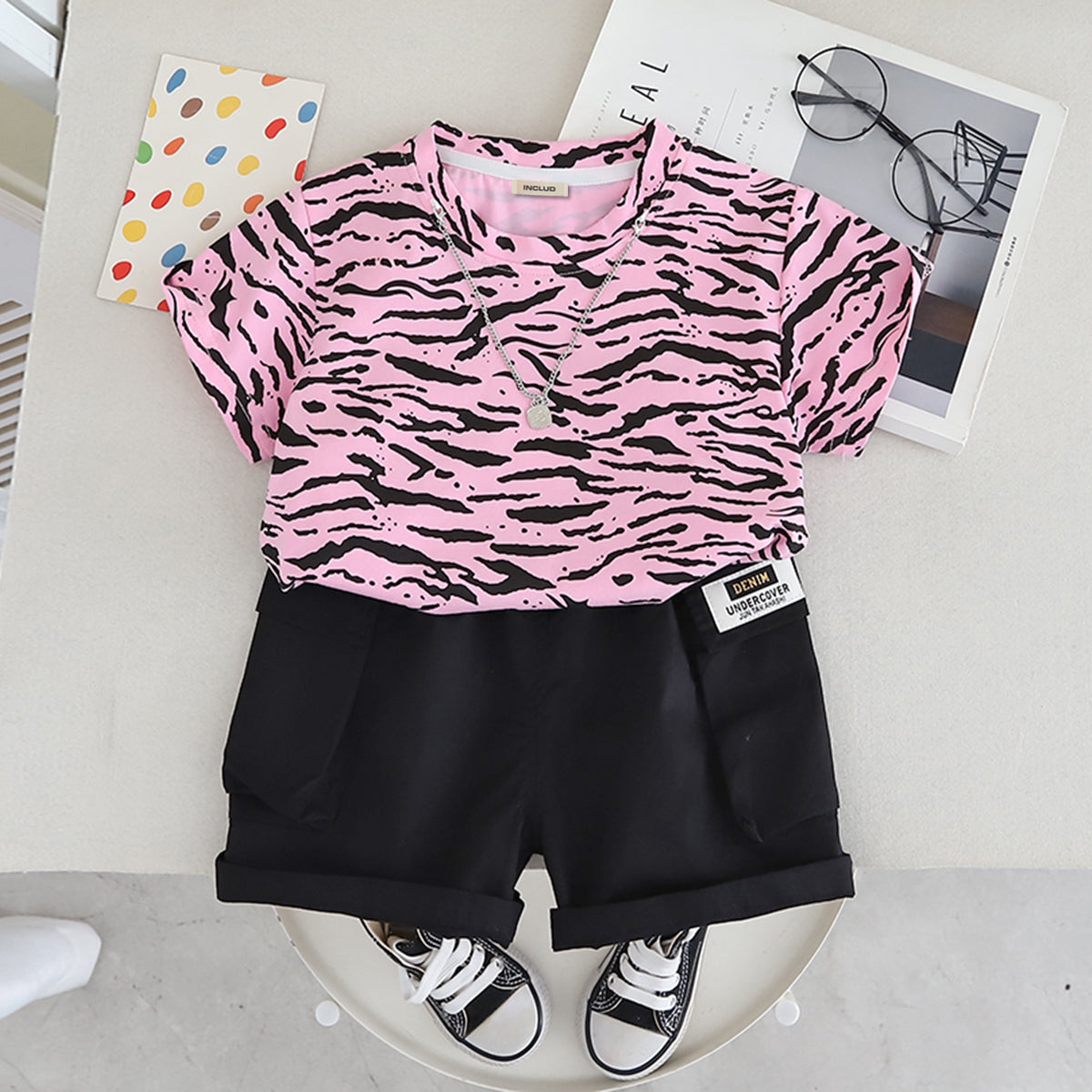 Boys Pink Abstract Printed Short Sleeves T-Shirt With Shorts Set 2 pc. Sets Pink 1-2 Y