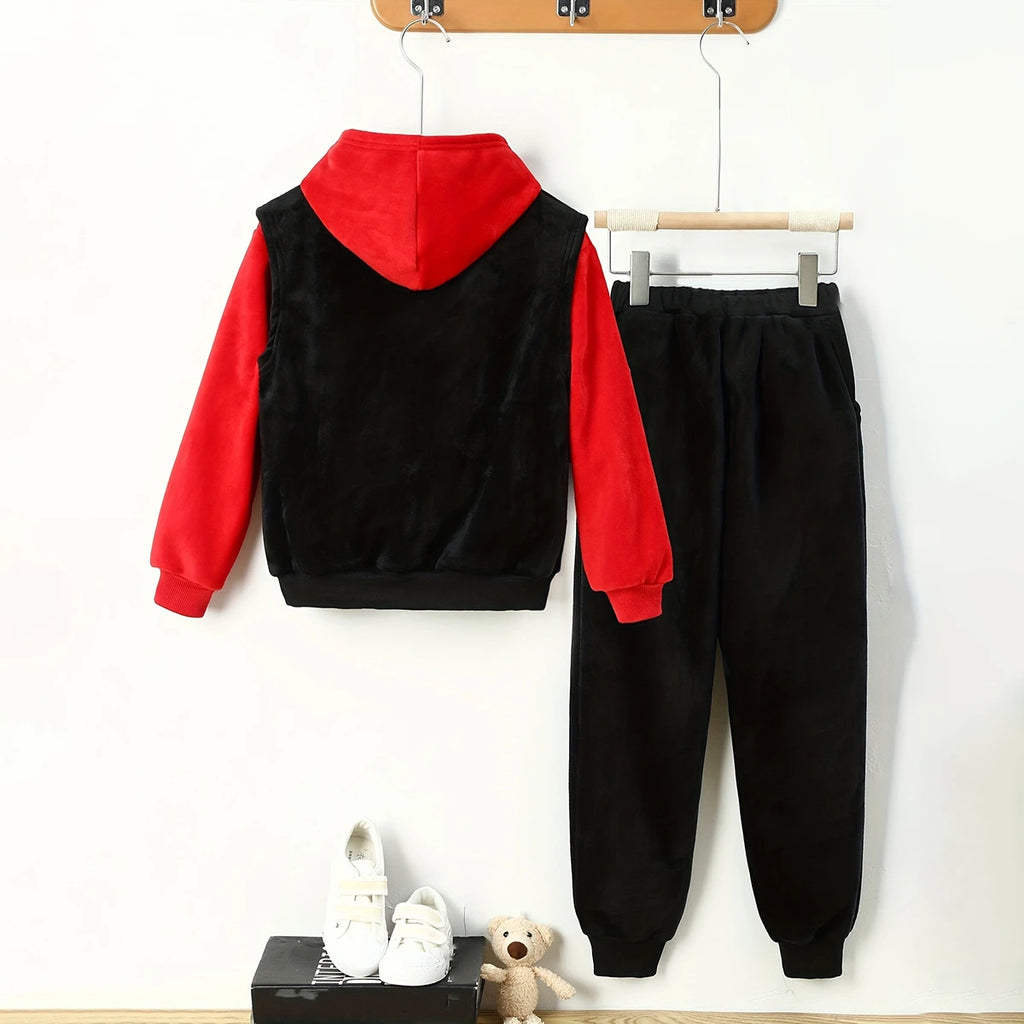 Boys Red Typographic Printed Hoodie With Sleeveless Jacket & Jogger Sets Sets
