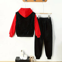 Boys Red Typographic Printed Hoodie With Sleeveless Jacket & Jogger Sets Sets