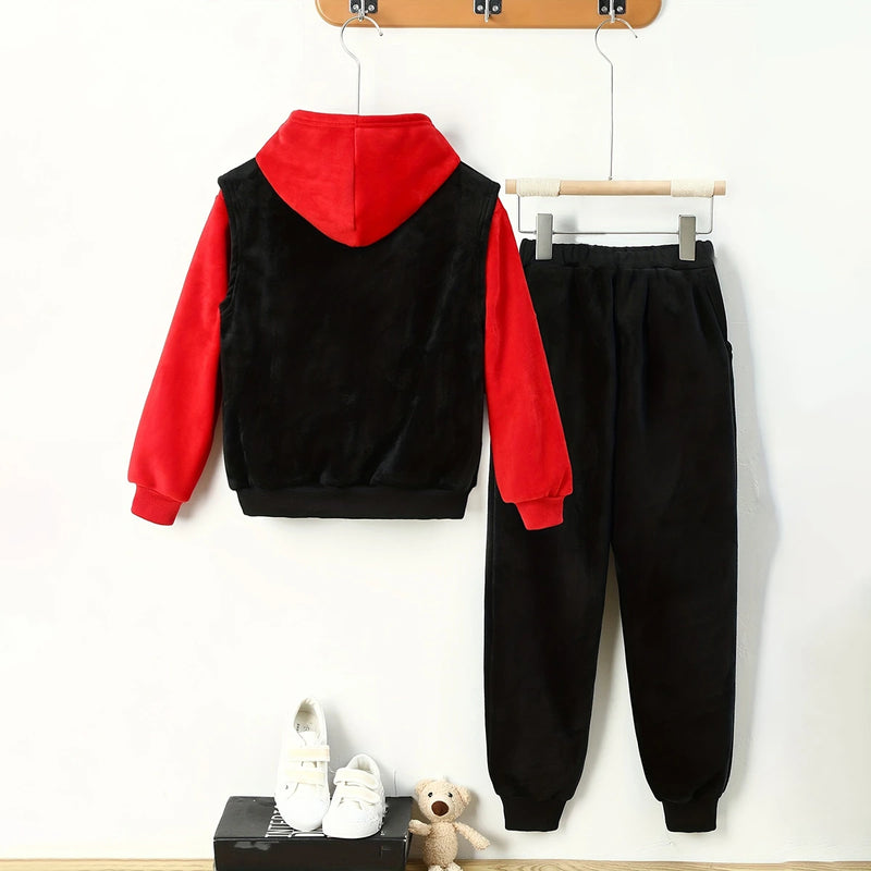 Boys Red Typographic Printed Hoodie With Sleeveless Jacket & Jogger Sets Sets