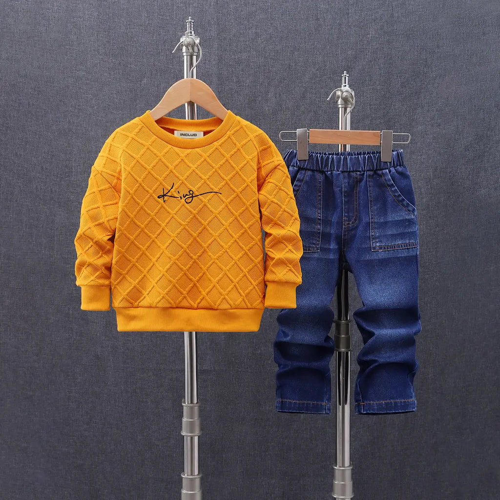 Boys Orange Self-Design Long Sleeve Sweatshirt With Denim Trouser Sets 2 pc. Sets