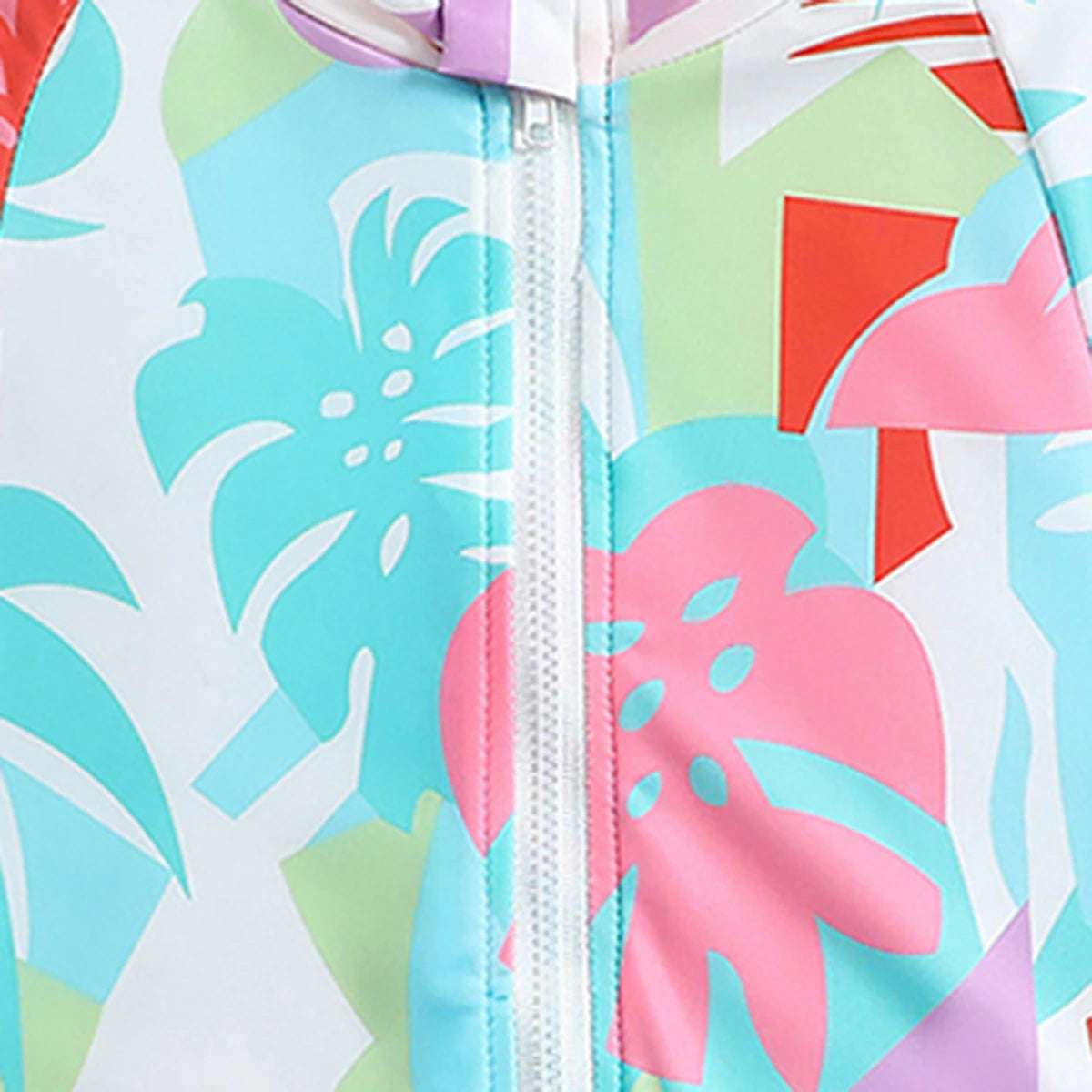 Girls Multicolor Tropical Printed Half Zipper Swimwear Bodysuit Beachwear