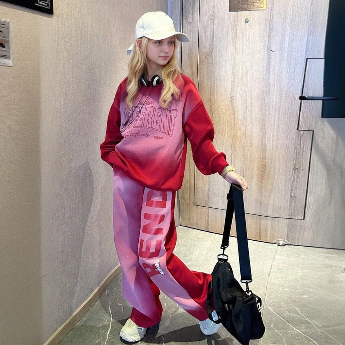 Girls Red Typographic Winter Sweatshirt With Pants Sets 2 pc. Sets