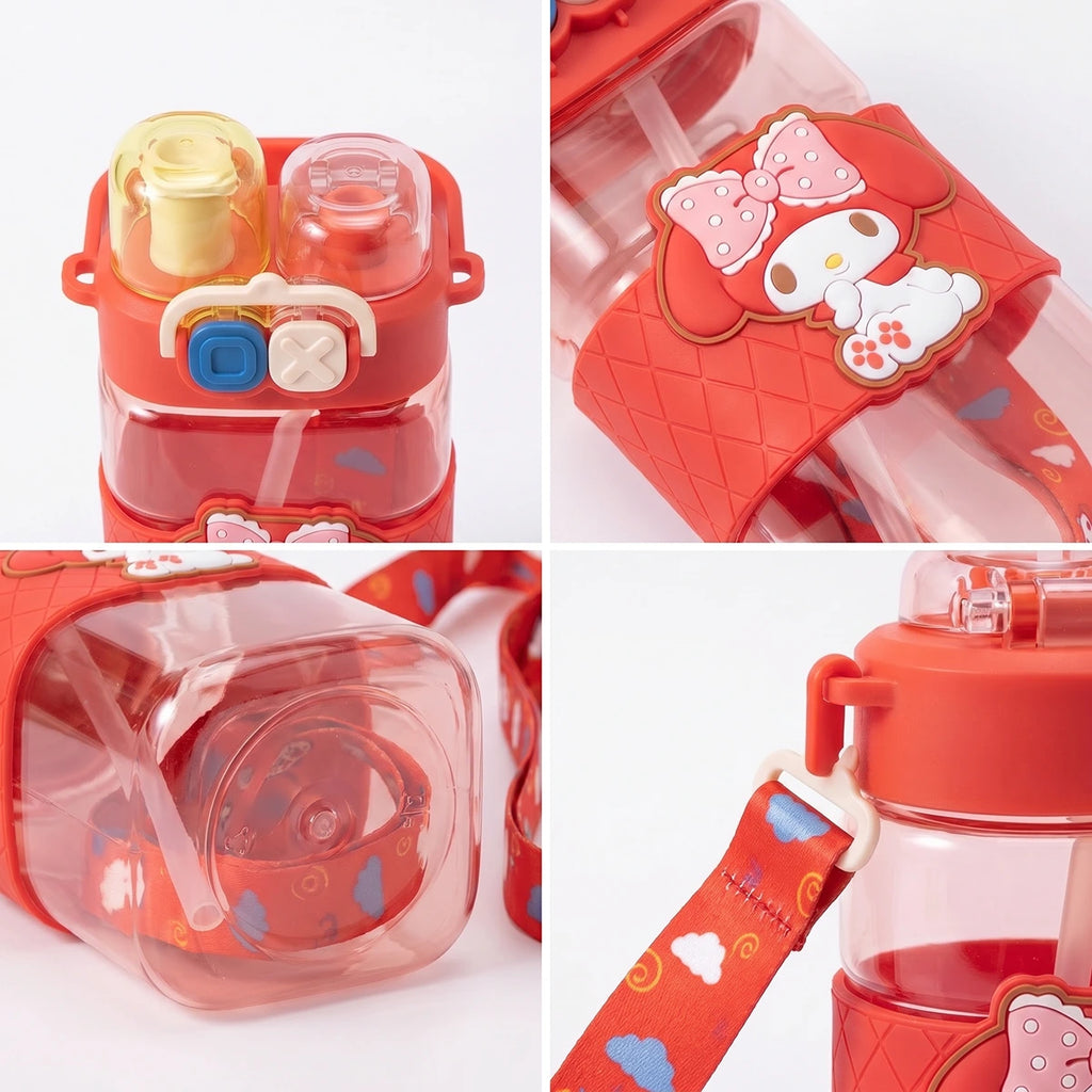 Cute Kids Red Dual Spout Water Bottle with Straw, Leakproof Lid & Adjustable Strap Trending Accessories