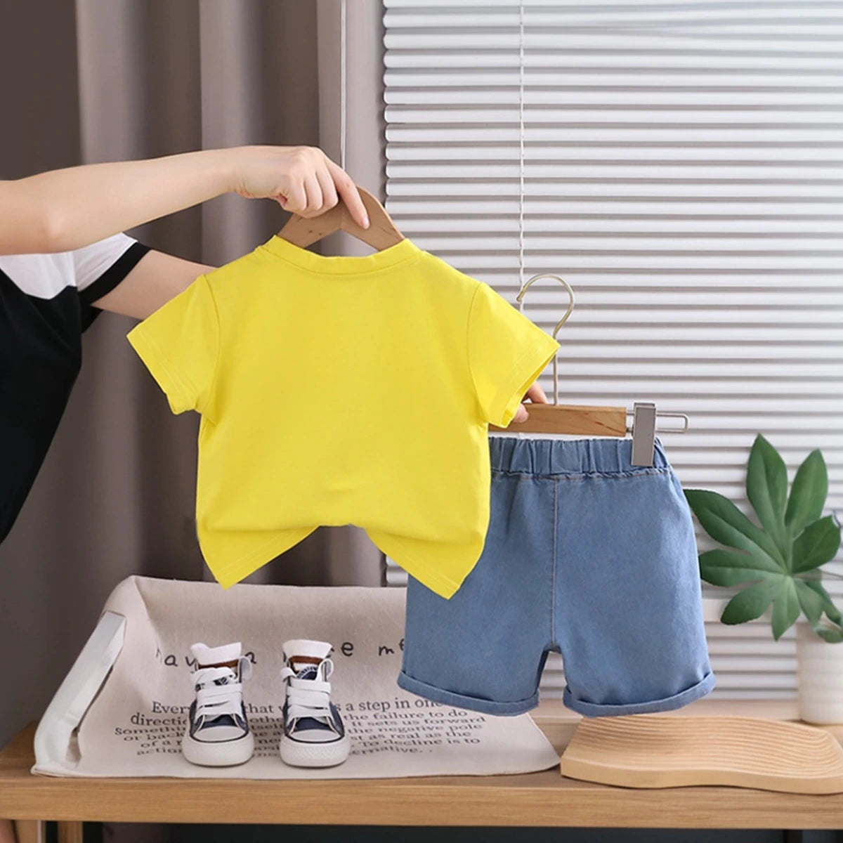 Boys Yellow Bear Camera Print Short Sleeve T-Shirt With Denim Shorts Sets 2 pc. Sets