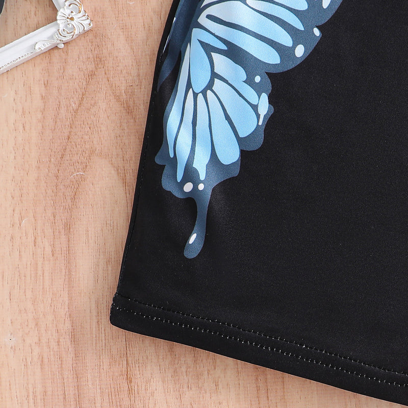 Girls Black Butterfly Printed Bodycon Dress With Short Sleeves Top Casual Dresses