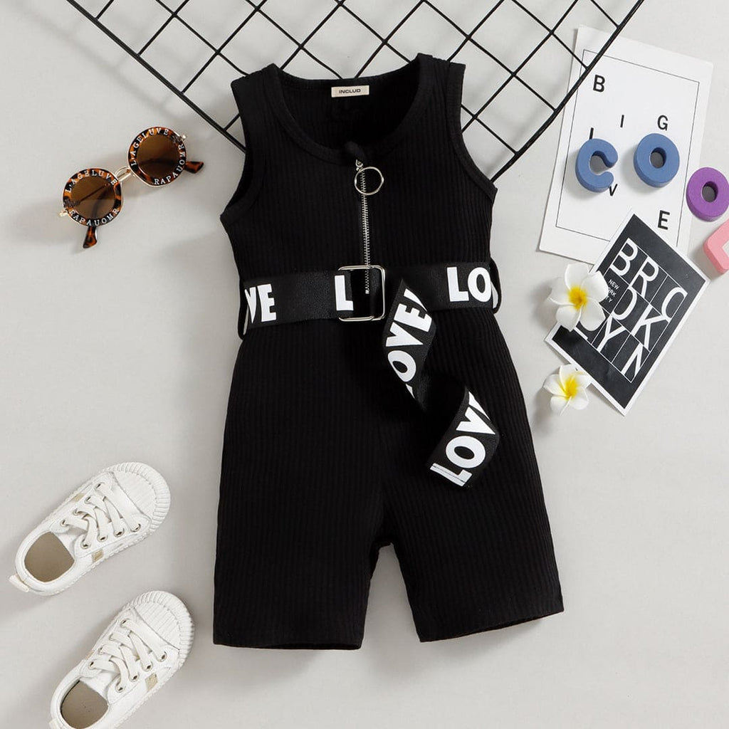 Girls Short Leg Knitted Jumpsuit With Printed Belt