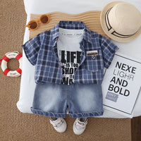 Boys Blue Checked Shirt With Printed T-Shirt & Denim Shorts Set Sets Blue 1-2 Y