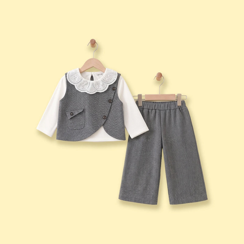 Girls Grey Textured Vest & Pants With Eyelet Collar Top Sets Sets Grey 1-2 Y
