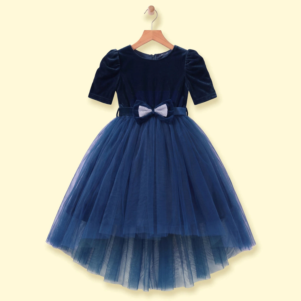 Girls dark blue high-low party dress with velvet bodice