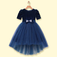 Girls dark blue high-low party dress with velvet bodice