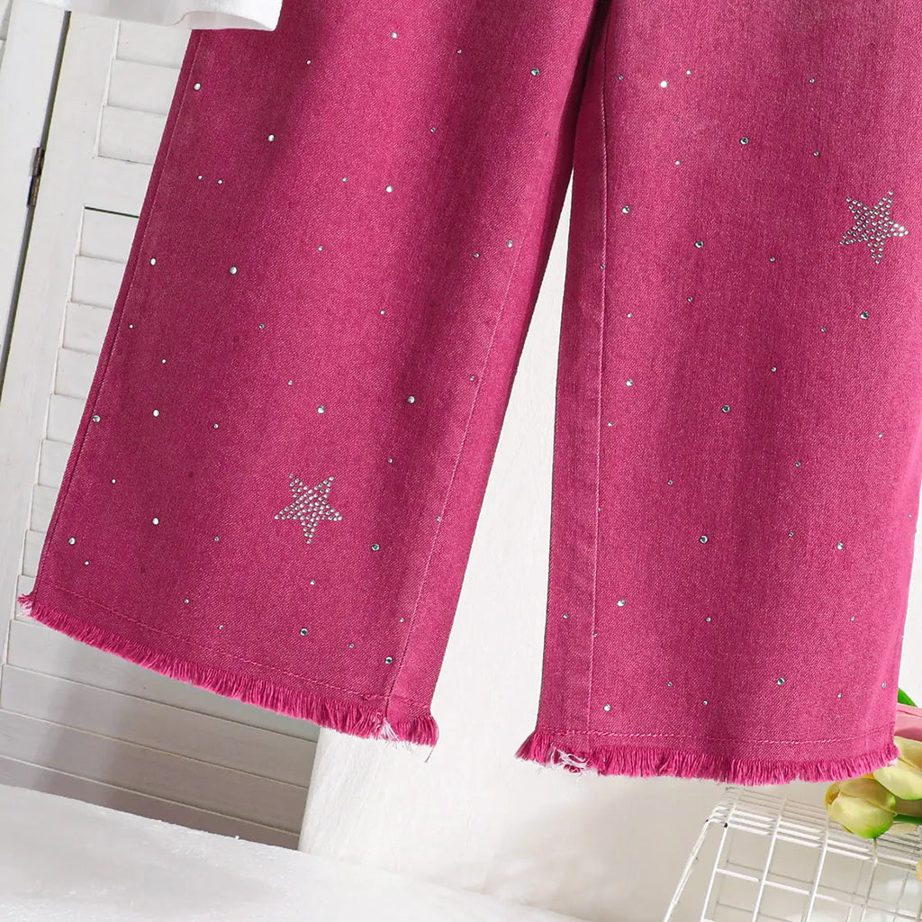 Girls Pink Flower Applique T-Shirt With Ombre Print Pants Sets Sets