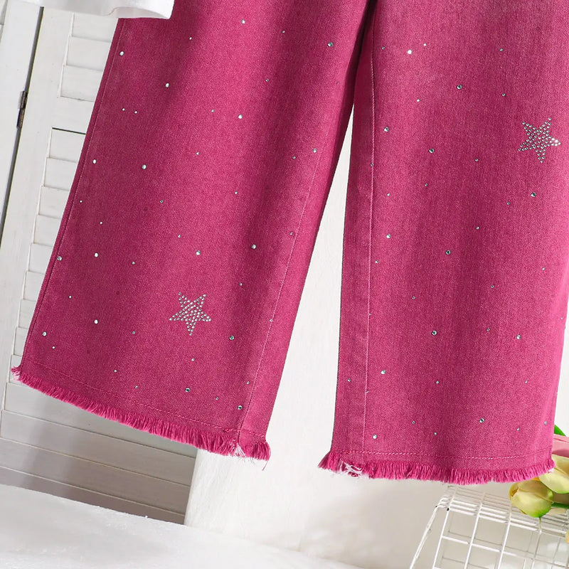 Girls Pink Flower Applique T-Shirt With Ombre Print Pants Sets Sets