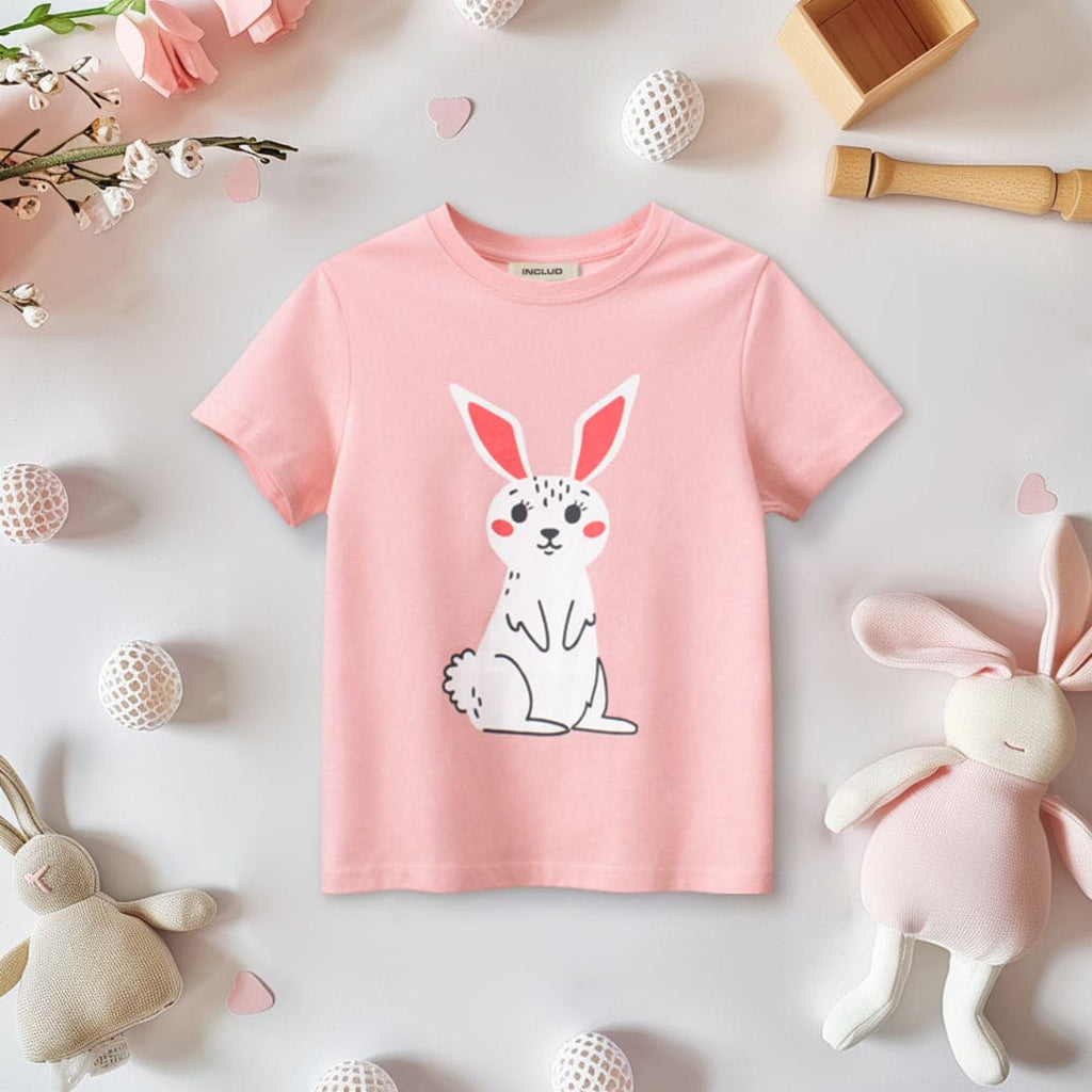 Girls Bunny Print Short Sleeves T-shirt Tshirts Pink 7-8 Y 