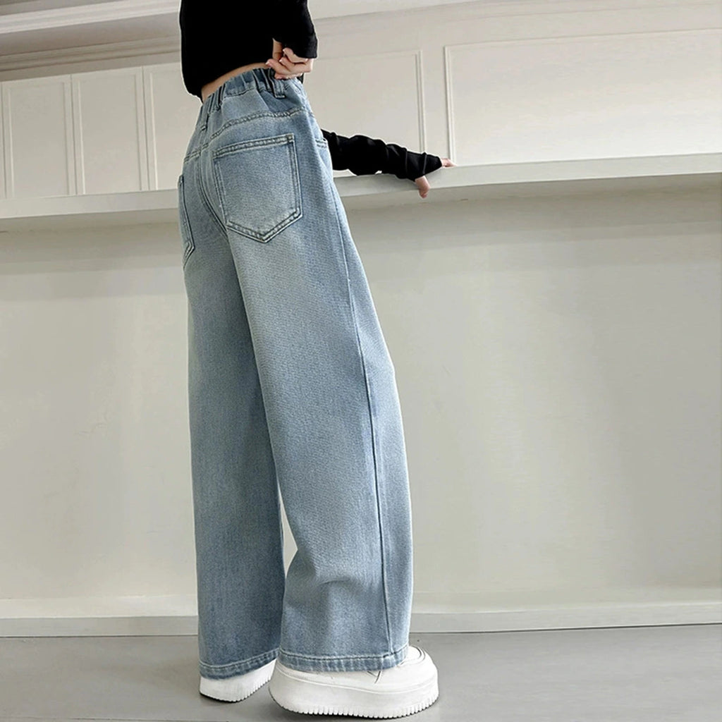 Girls Light Blue Relaxed Fit Wide-Leg Denim Jeans Pants