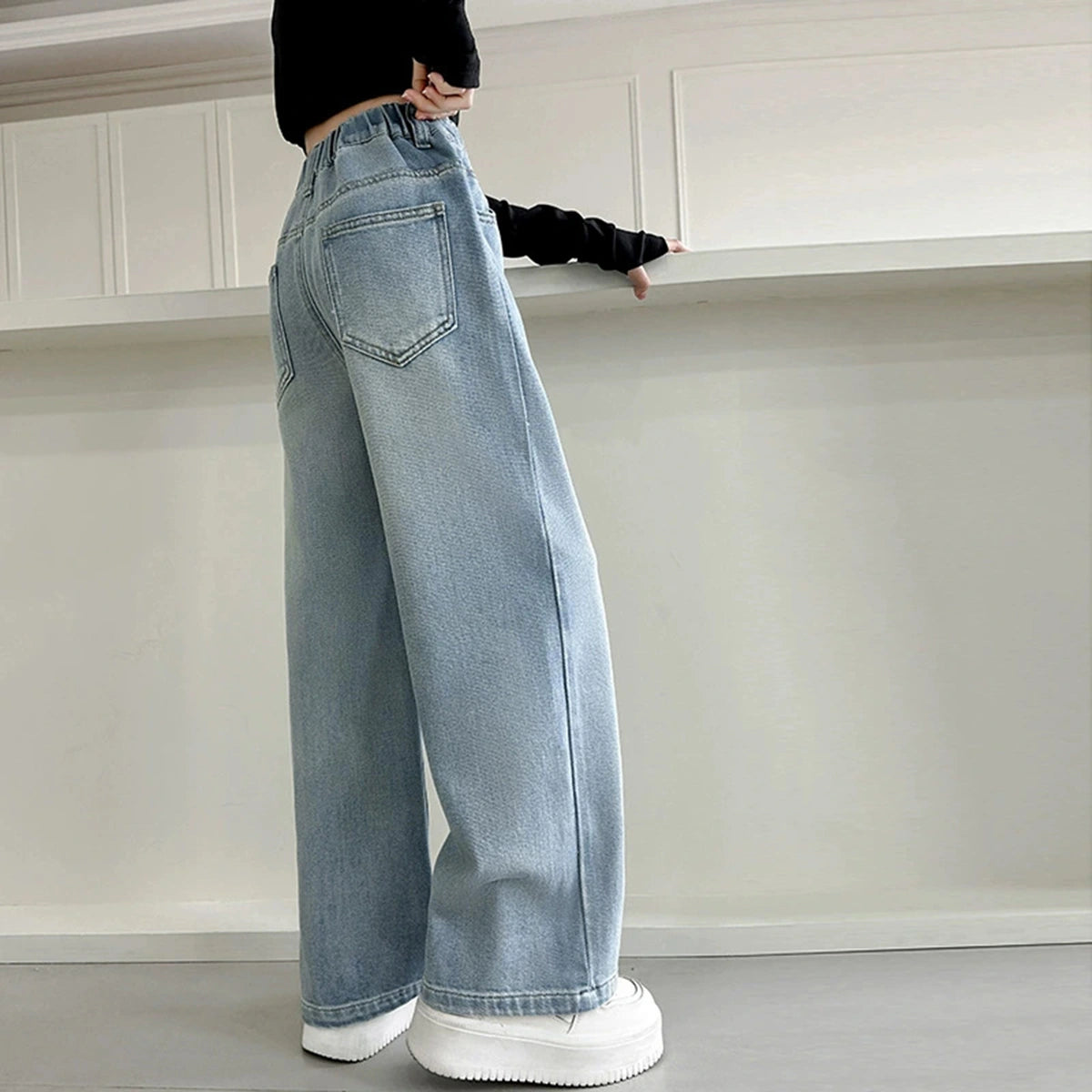 Girls Light Blue Relaxed Fit Wide-Leg Denim Jeans Pants