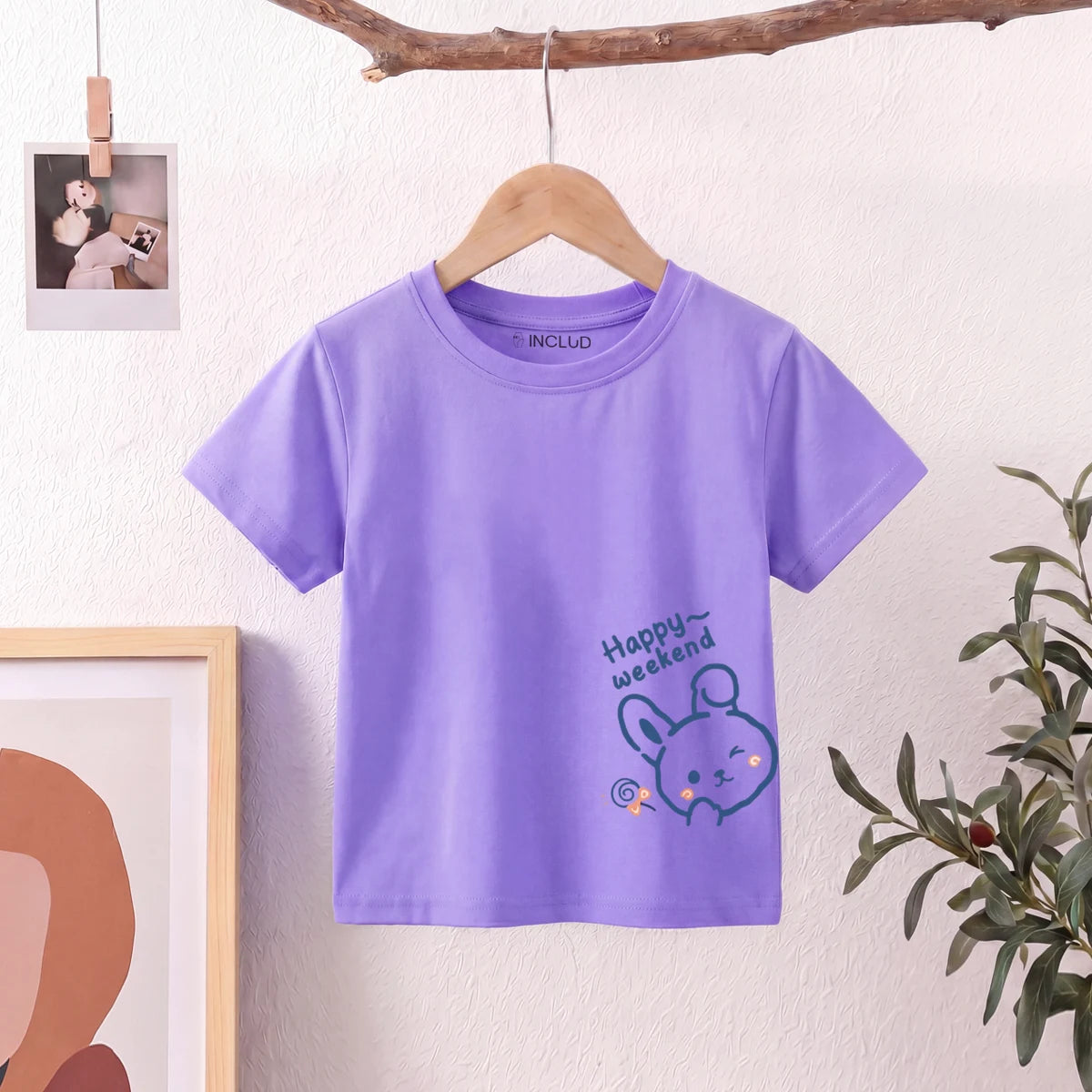 Girls Purple Short Sleeve Happy Weekend Typography Print T-Shirt Tshirts Purple 1-2 Y