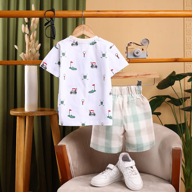 Boys White Golf Print Short Sleeve T-Shirt With Checked Shorts Sets Sets