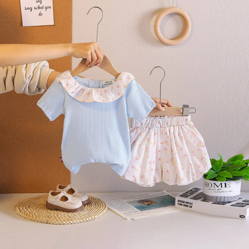 Girls Light Blue Short Sleeves Top With Printed Shorts Sets Sets Light Blue 1-2 Y