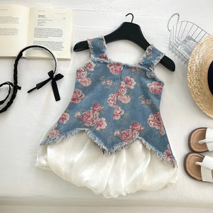 Girls Blue Floral Print Denim Frayed Peplum Top With Shorts Sets 2 pc. Sets
