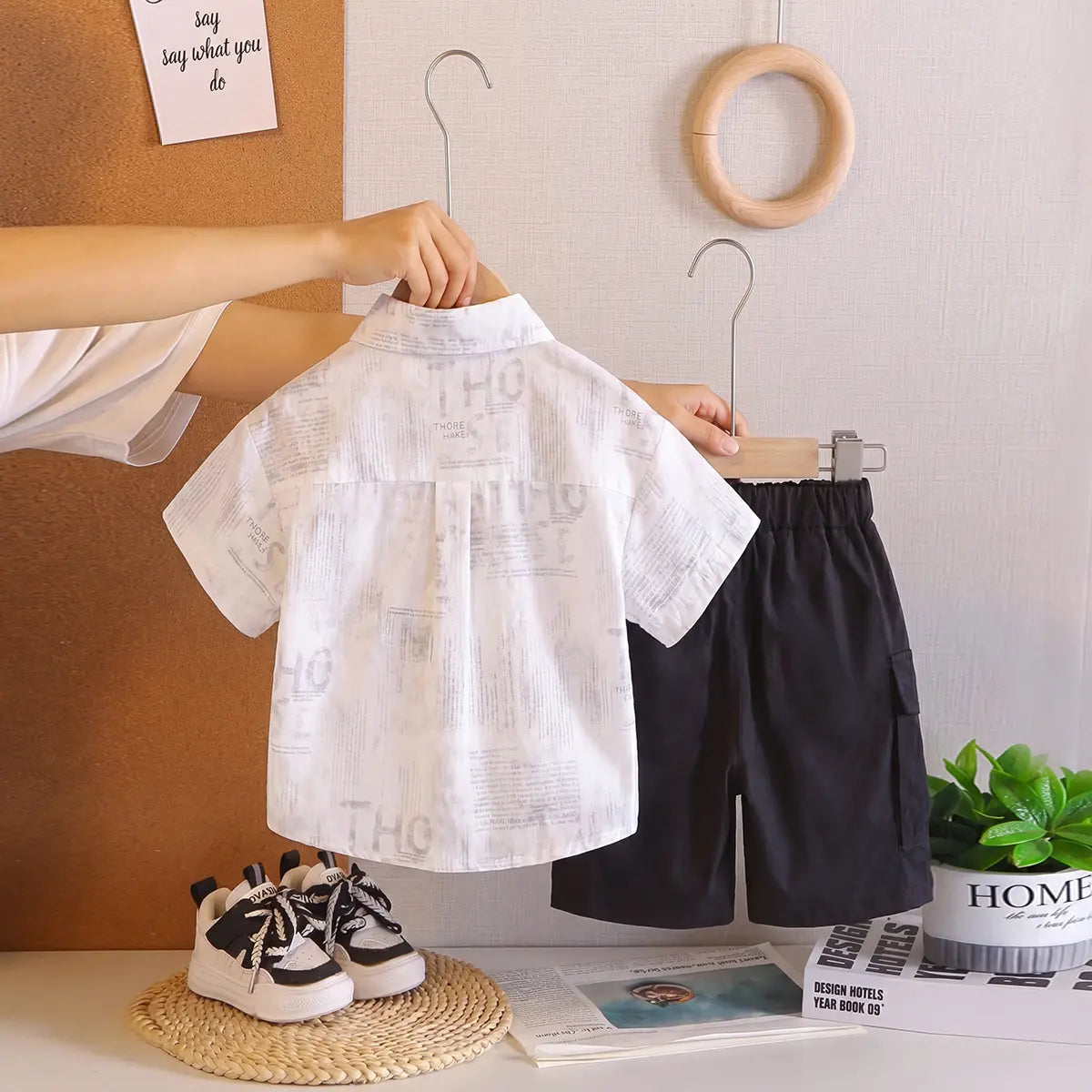 Boys White Typographic Shirt With T-Shirt And Elasticated Shorts Sets 3 pc. Sets