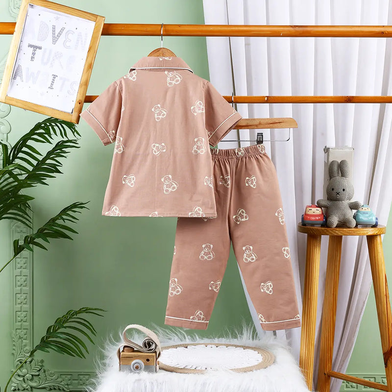 Girls Light Brown Teddy Bear Printed Short Sleeve Shirt With Elasticated Pyjama Sets Sets