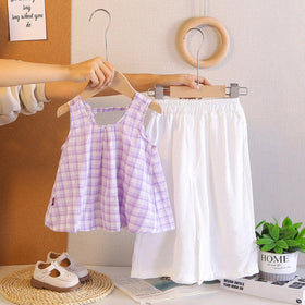 Girls Purple Checked Sleeveless A-line Top With Cropped Pant Sets Sets