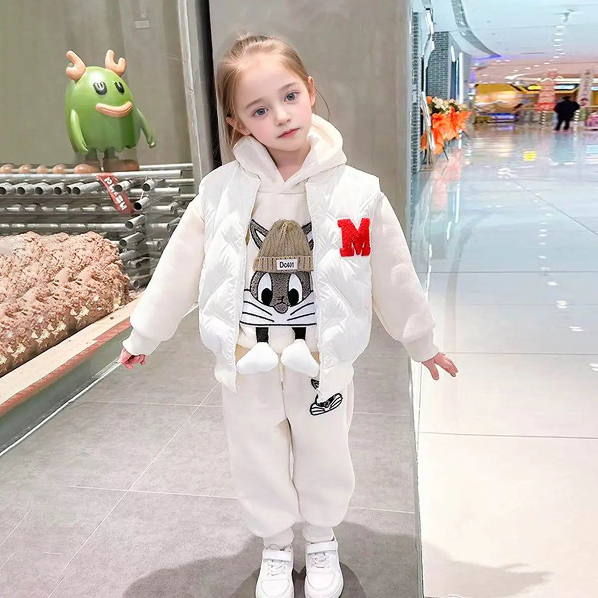 Girls Beige Rabbit Applique Hooded Sweatshirt With Sleeveless Padded Vest & Jogger Sets Sets