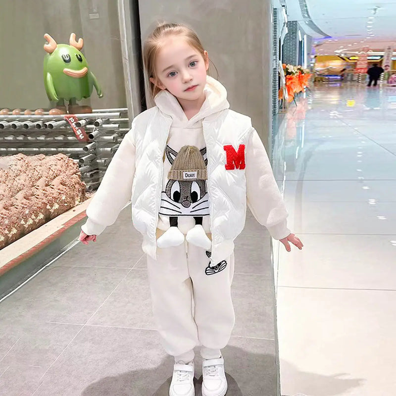 Girls Beige Rabbit Applique Hooded Sweatshirt With Sleeveless Padded Vest & Jogger Sets Sets