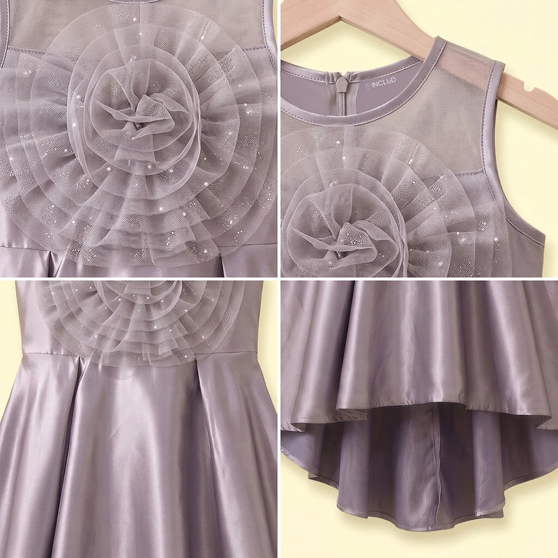 Girls Grey Floral Applique Sleeveless High-Low Party Dress Party Dresses