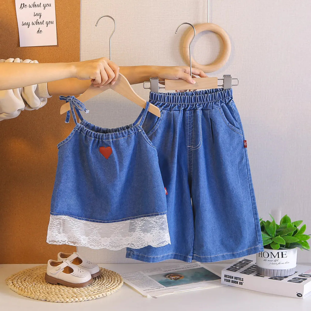 Girls Blue Denim Heart Embroidered Top With Capri Sets Sets Blue 1-2 Y