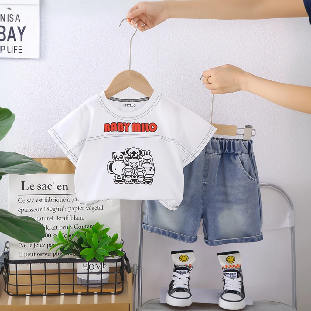 Boys White Graphics Short Sleeves T-Shirt With Denim Shorts Set Sets White 1-2 Y
