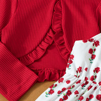 Girls Red Rose Printed Fit & Flare Winter Casual Dress With Shrug Casual Dresses