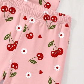 Girls Pink Cherry Print Short Sleeve T-Shirt With Shorts Sets 2 pc. Sets