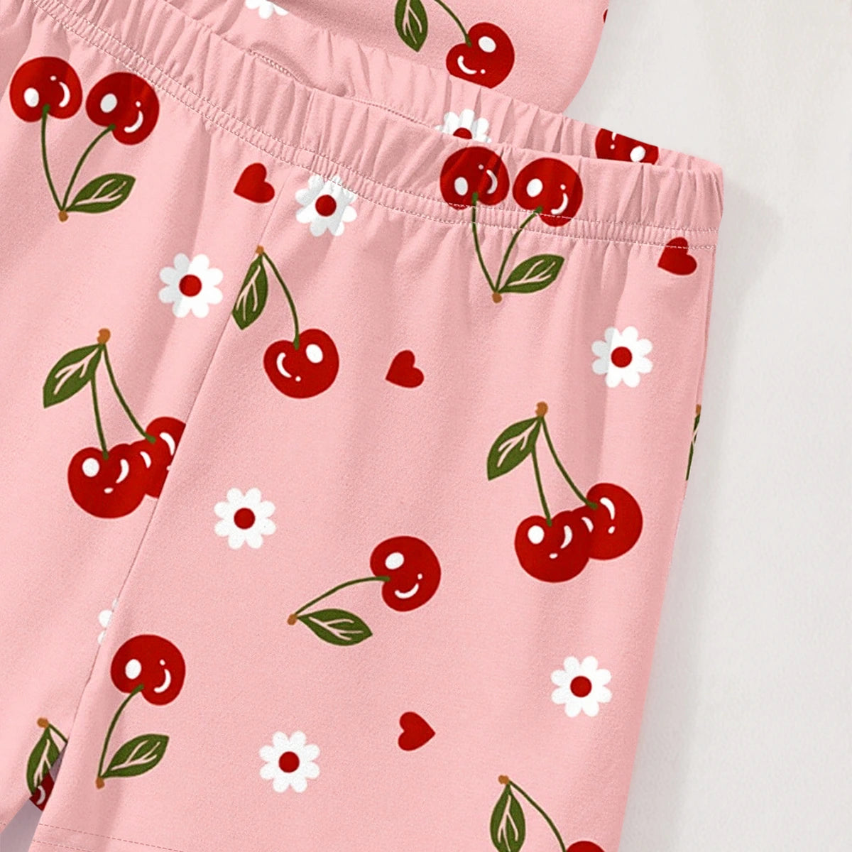Girls Pink Cherry Print Short Sleeve T-Shirt With Shorts Sets 2 pc. Sets